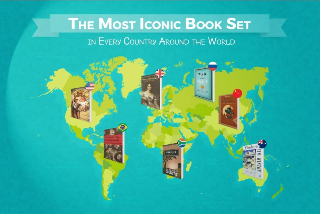 The Most Iconic Book Set in Every Country Around the World image with the world map, seven books scattered across, and seven world flags.